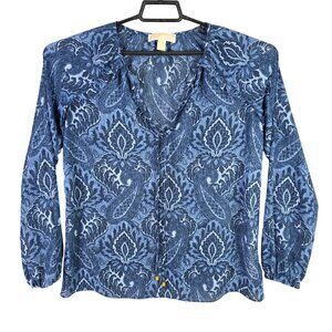 Womens MICHAEL Michael Kors Blue Paisley Blouse V Neck Tie Long Sleeves Size M
